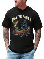black graphic t-shirt with a 'Master Baiter' design featuring a grim reaper in a boat fishing for a large fish.